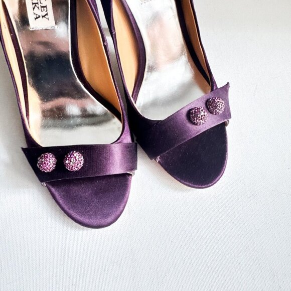 Badgley Mischka Purple Satin Rhinestine Open Toe Heels 7 - Picture 3 of 5